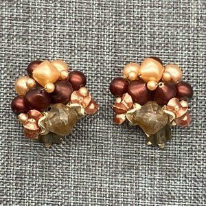 Clip On Earrings Pearl Cluster Gold Brown Hong Kong Faceted Round Classic Granny